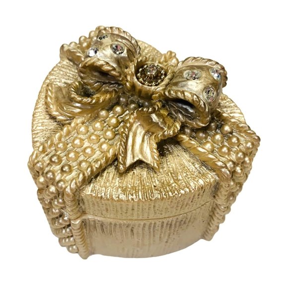 Santini Golden Heart Trinket Box Rhinestone 3" Palm Beach Regency Signed Stamp - Picture 1 of 14